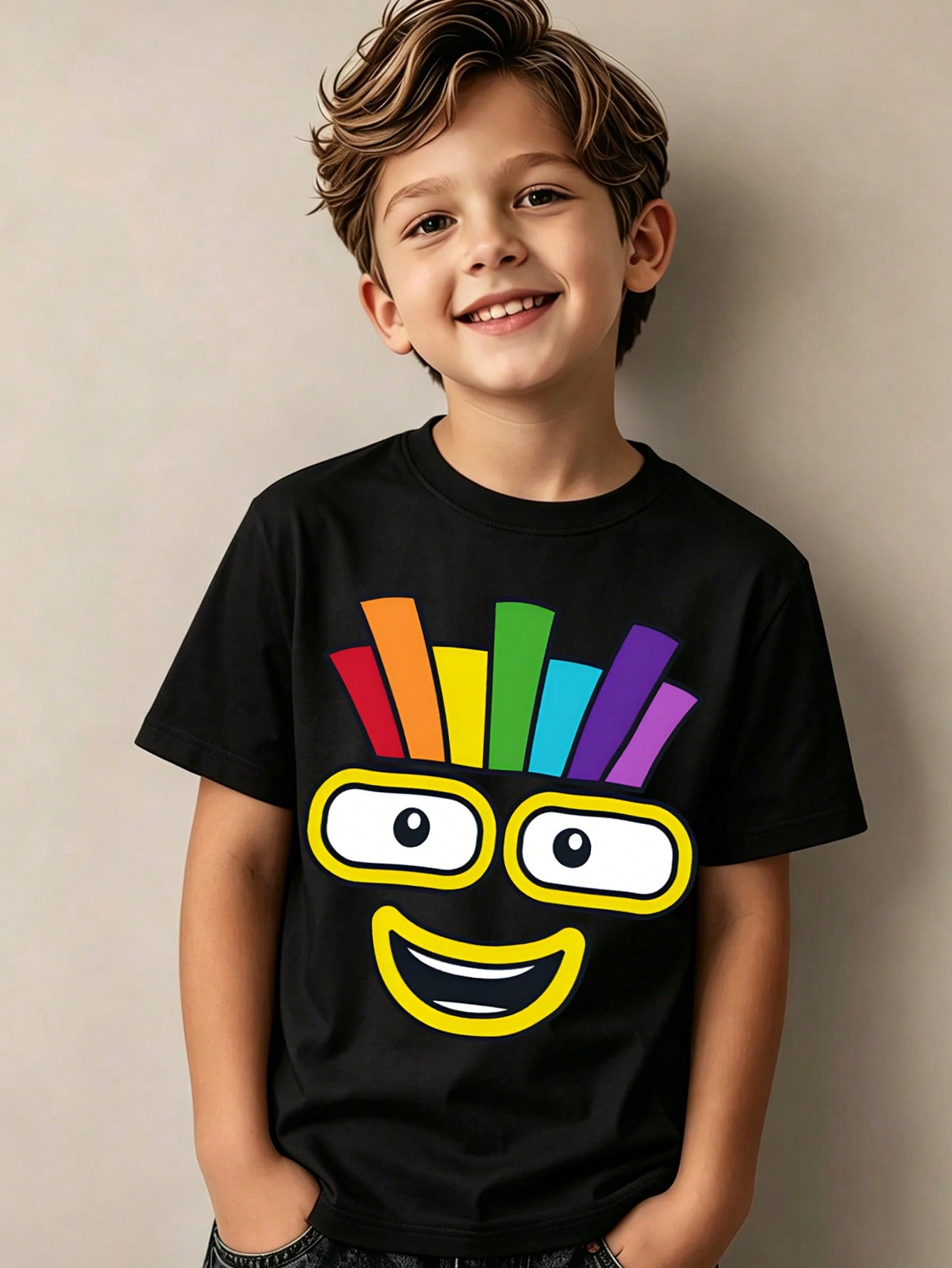 男の子用夏物ラウンドネック半袖シャツ - デジタルブロック柄 - Summer Clothing Images のレビューと価格