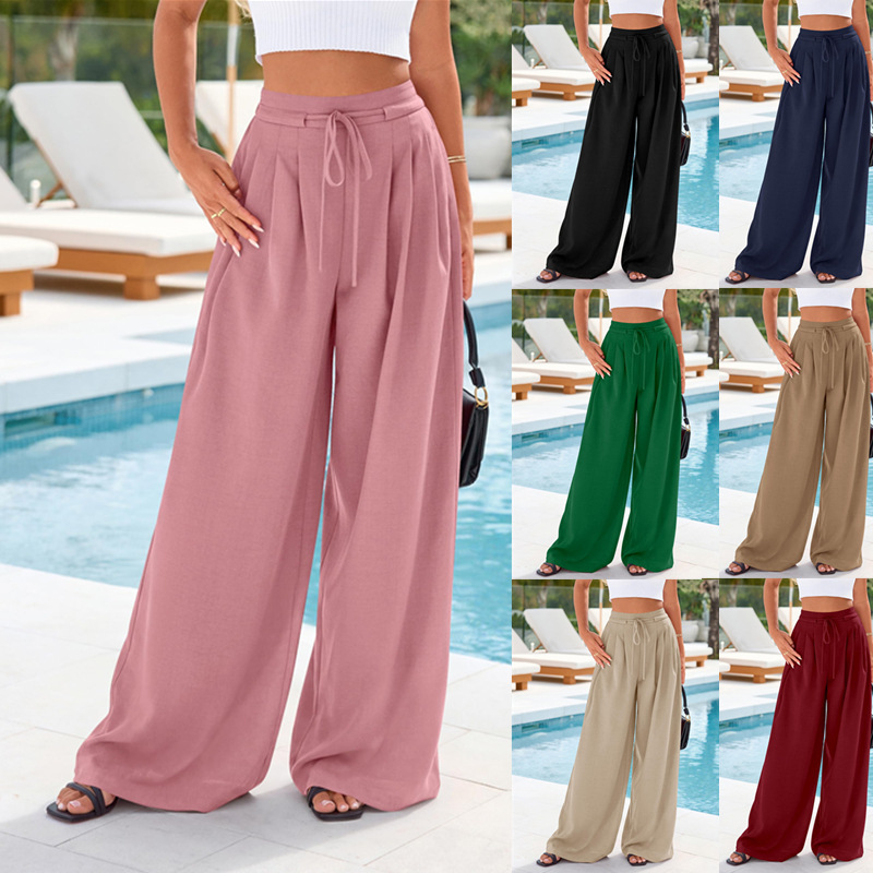 女性ハイウエスト巾着ワイドレッグパンツプリーツルーズフロアレ - Palazzo Pant Wide のレビューと価格