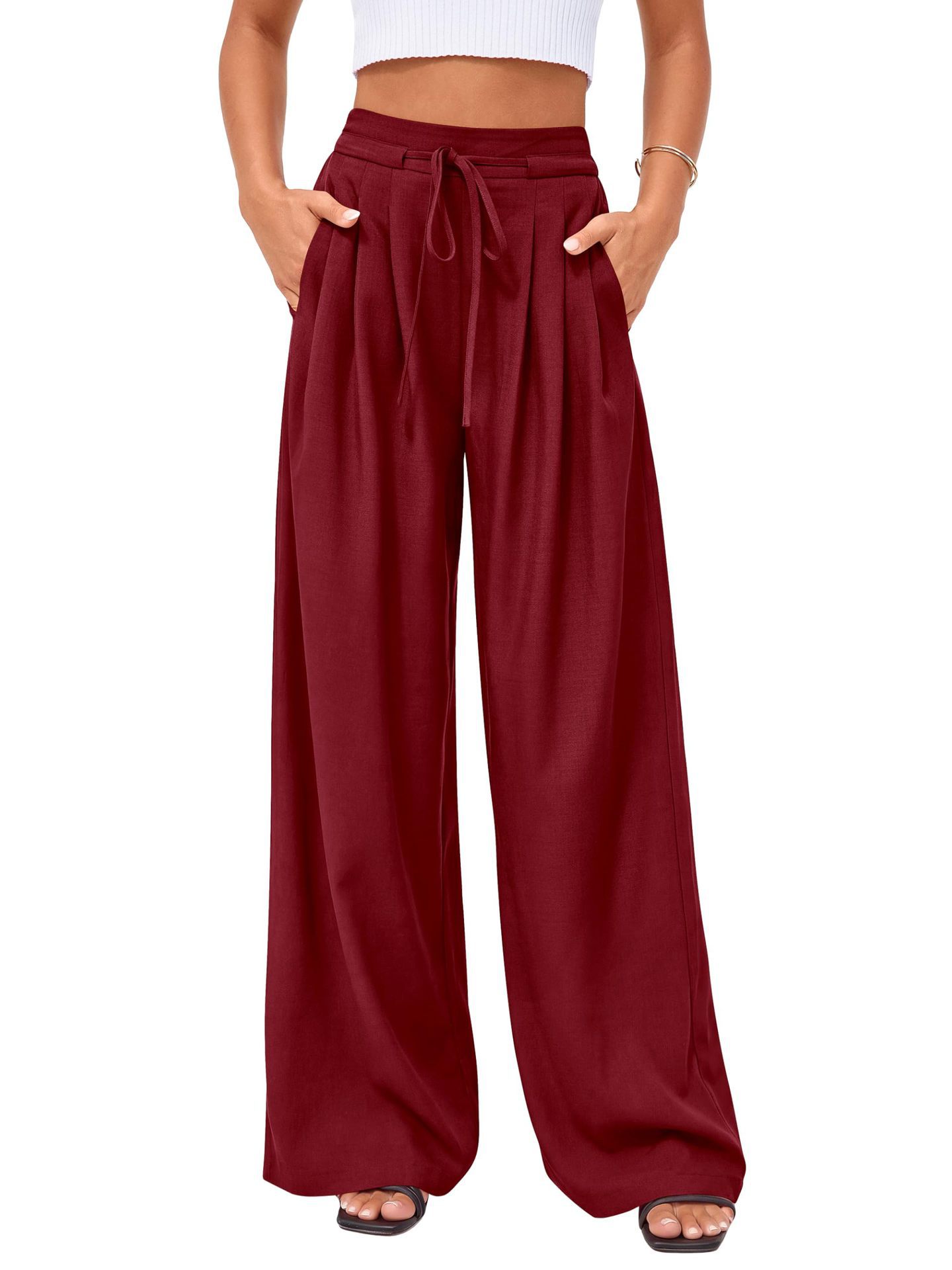 女性ハイウエスト巾着ワイドレッグパンツプリーツルーズフロアレ - Palazzo Pant Wide のレビューと価格