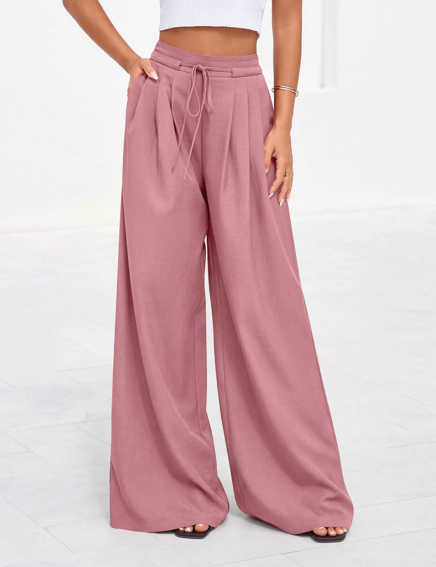 女性ハイウエスト巾着ワイドレッグパンツプリーツルーズフロアレ - Palazzo Pant Wide のレビューと価格