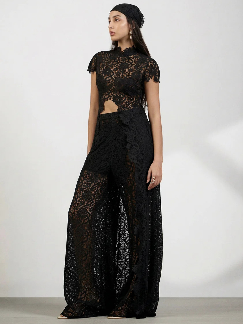 レディースレース2ピースパンツセット、モックネックキャップス - Palazzo Pant Wide のレビューと価格