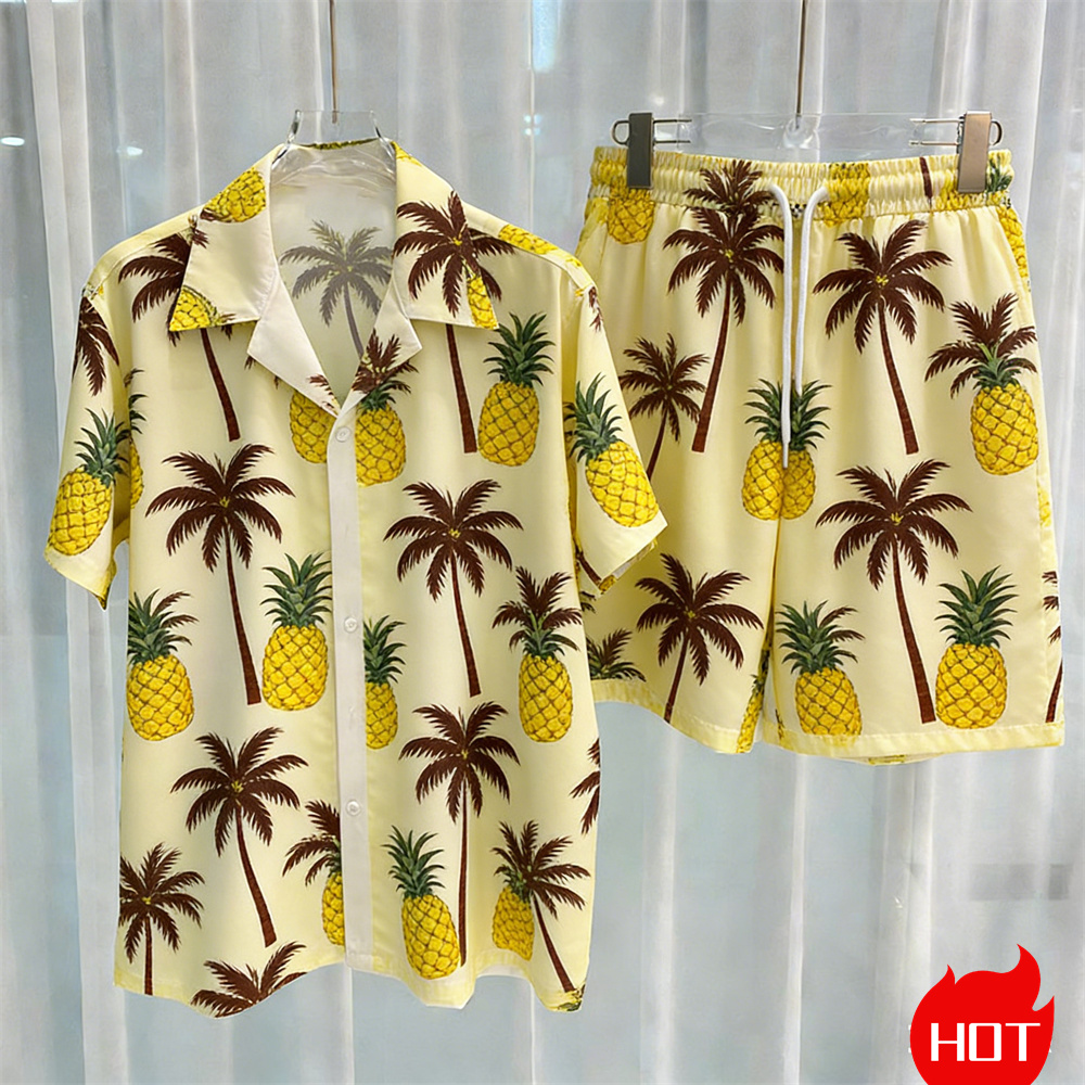 夏のメンズシャツセット植物柄ポリエステルツーピースシャツセッ - Summer Clothing For A Beach のレビューと価格