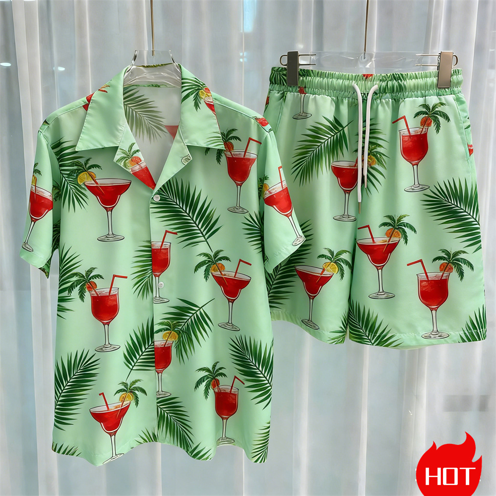 夏のメンズシャツセット植物柄ポリエステルツーピースシャツセッ - Summer Clothing For A Beach のレビューと価格
