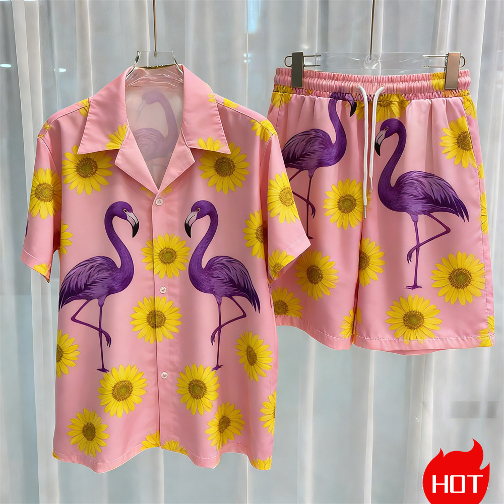 夏のメンズシャツセット植物柄ポリエステルツーピースシャツセッ - Summer Clothing For A Beach のレビューと価格