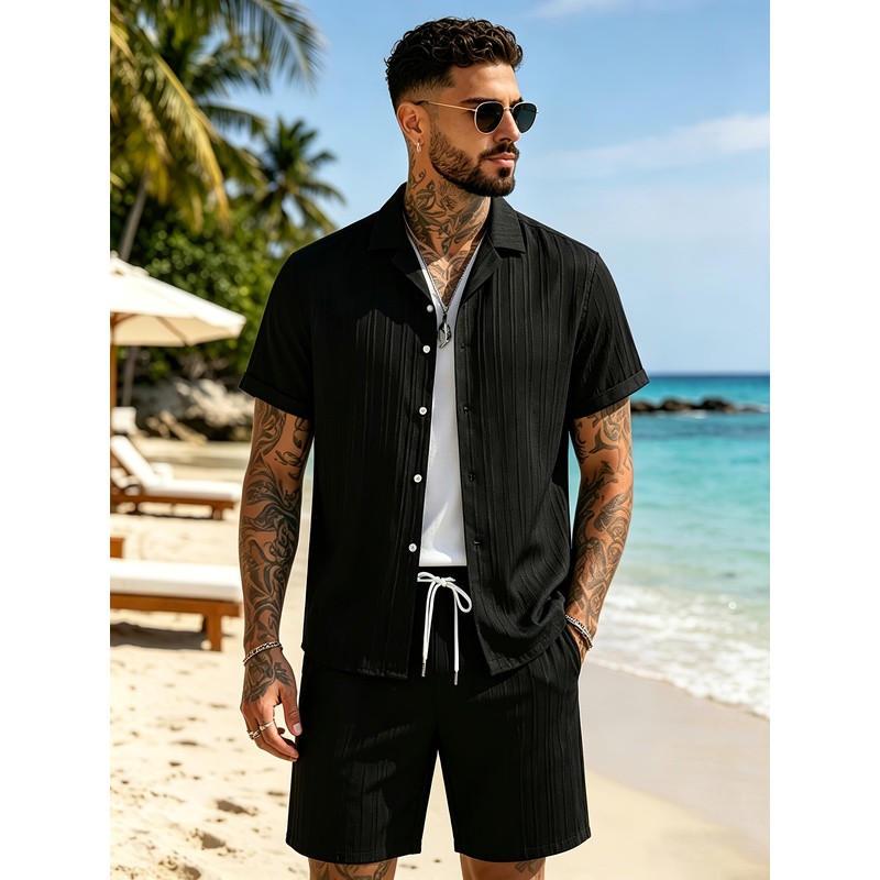 2メンズサマーカジュアルスーツセット、キューバカラーシャツ+ - Summer Clothing For A Beach のレビューと価格