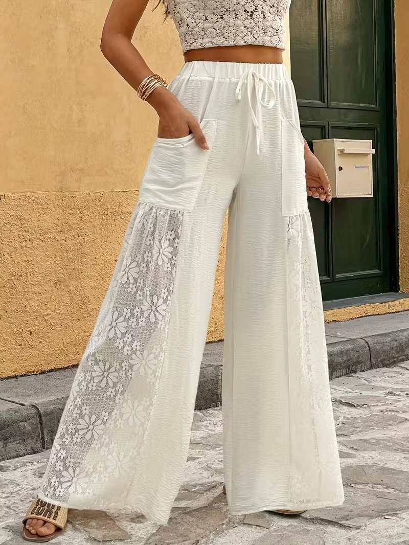 女性カジュアルホワイトレースワイドレッグパンツハイウエスト巾 - Palazzo Pant Wide のレビューと価格