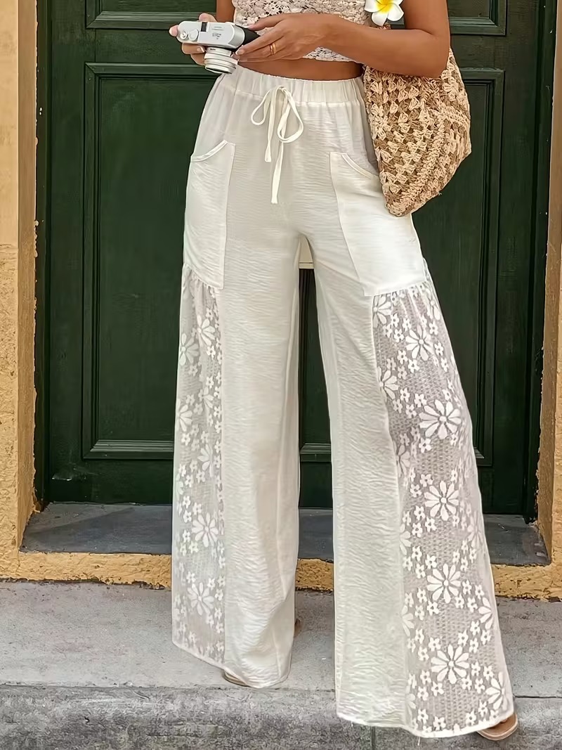 女性カジュアルホワイトレースワイドレッグパンツハイウエスト巾 - Palazzo Pant Wide のレビューと価格