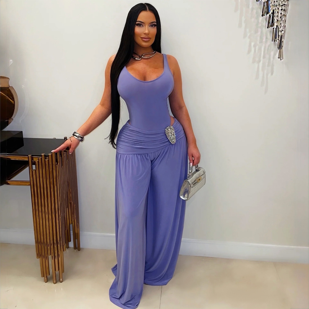無地ツーピースレディースセット エレガントセクシーボディスー - Palazzo Pant Wide のレビューと価格